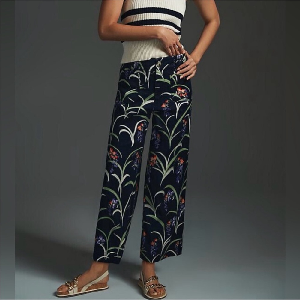 Maeve Navy Wide-Leg Floral Print Pants